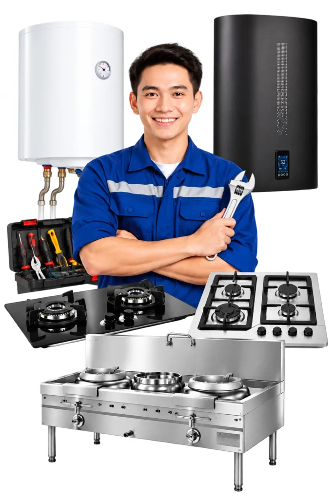 Teknisi Home Service Indonesia memperbaiki kompor di lokasi pelanggan